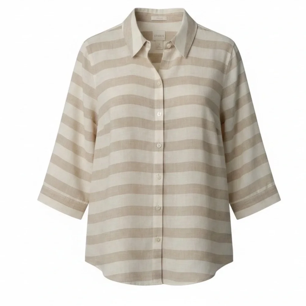 Chico's Button Up Womens 2 L Stripe 100% Linen No-Iron Minimalist Lagenlook Boho